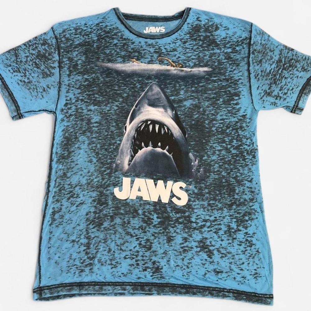 Jaws Shark Attack Burnout Graphic T-Shirt Blue Paper Thin Contrast Stitching L